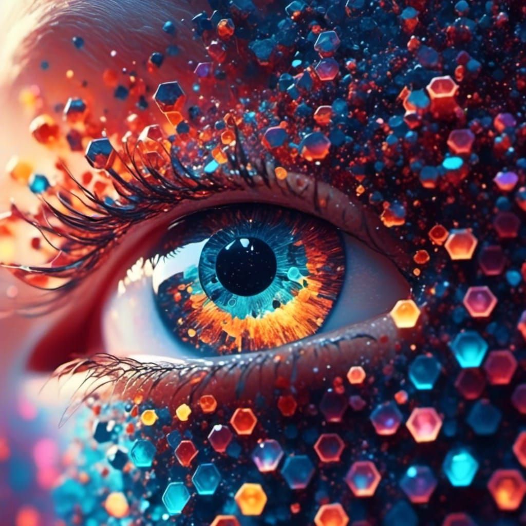 <lora:eye:1.0> makro of a human eye, fractalized hexagons in...