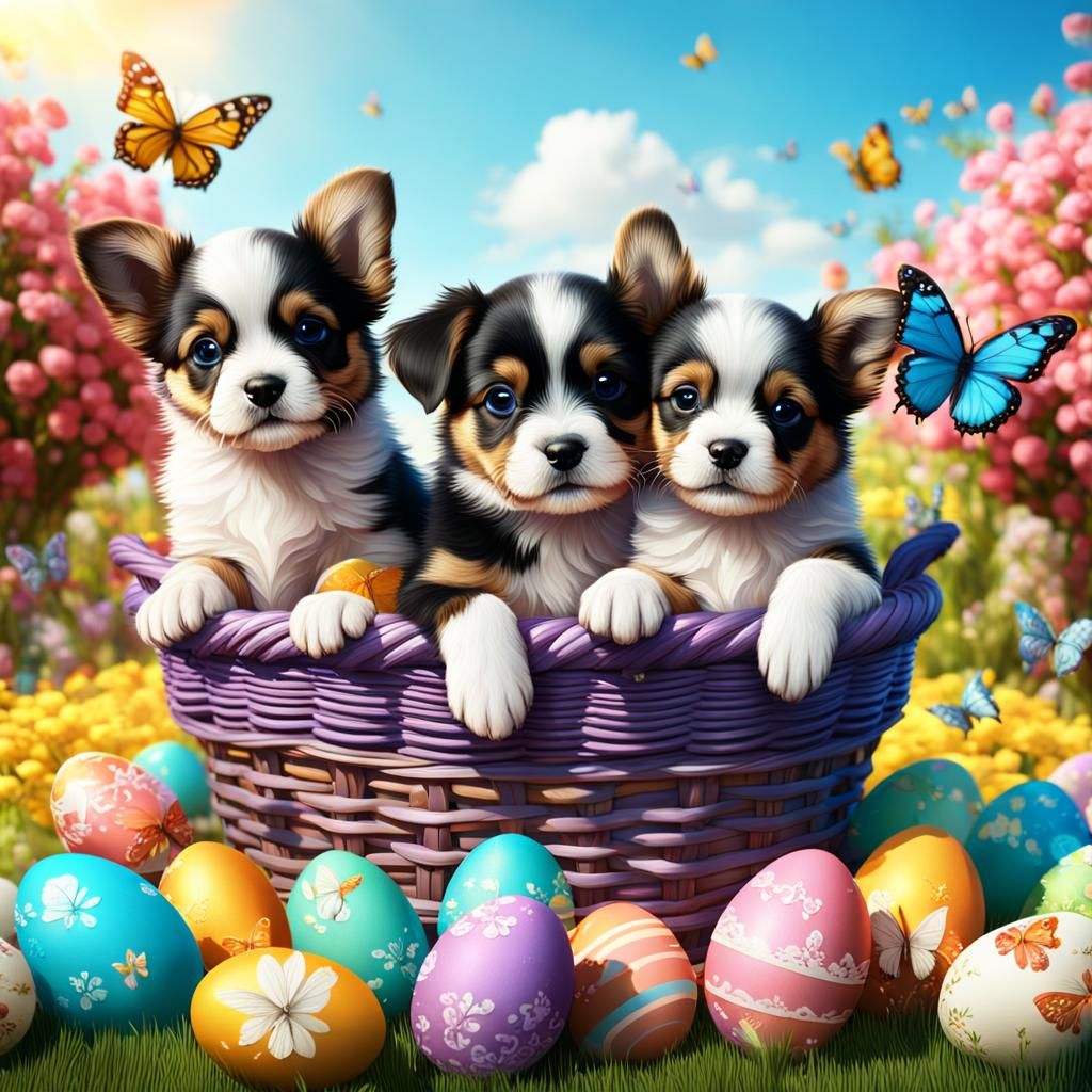 Vibrant puppies resting on Easter colored Eggs basket and fl...
