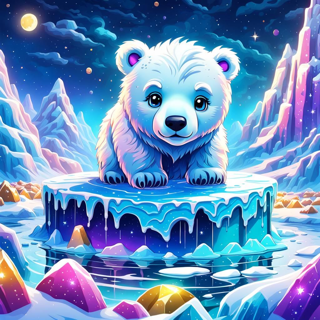 Cute chibi polar bear on the ice with a night sky Lisa frank...