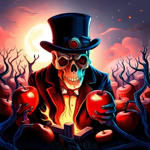 skull steampunk mechanic with an apple on its hand :: fire f...