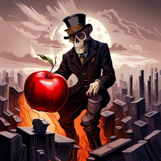 skull steampunk mechanic with an apple on its hand :: fire f...