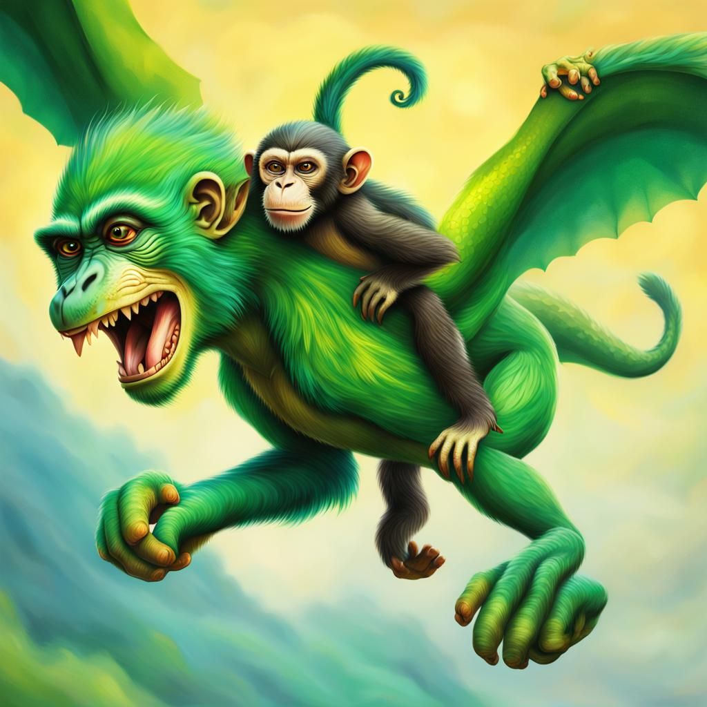 Flying green Dragon Monkey with baby