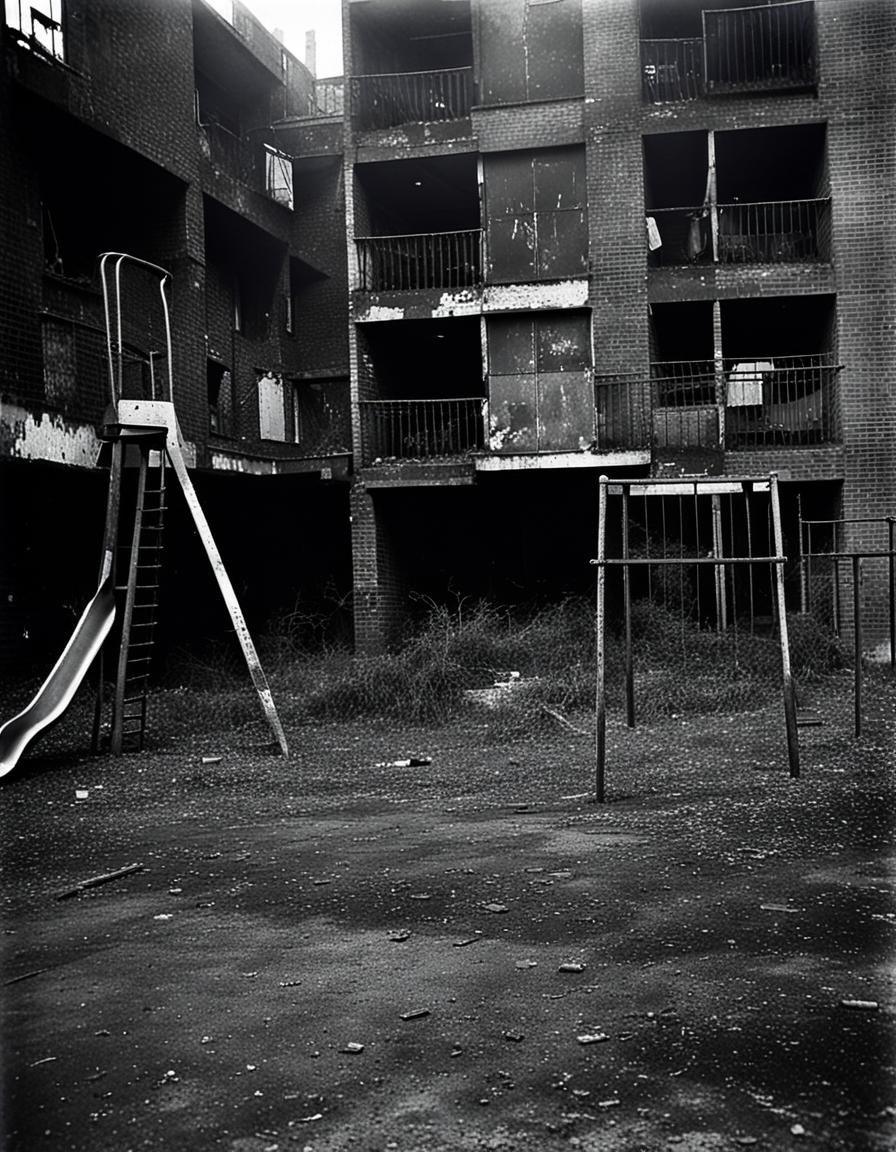Derelict children’s playground outside an inner city apartme...