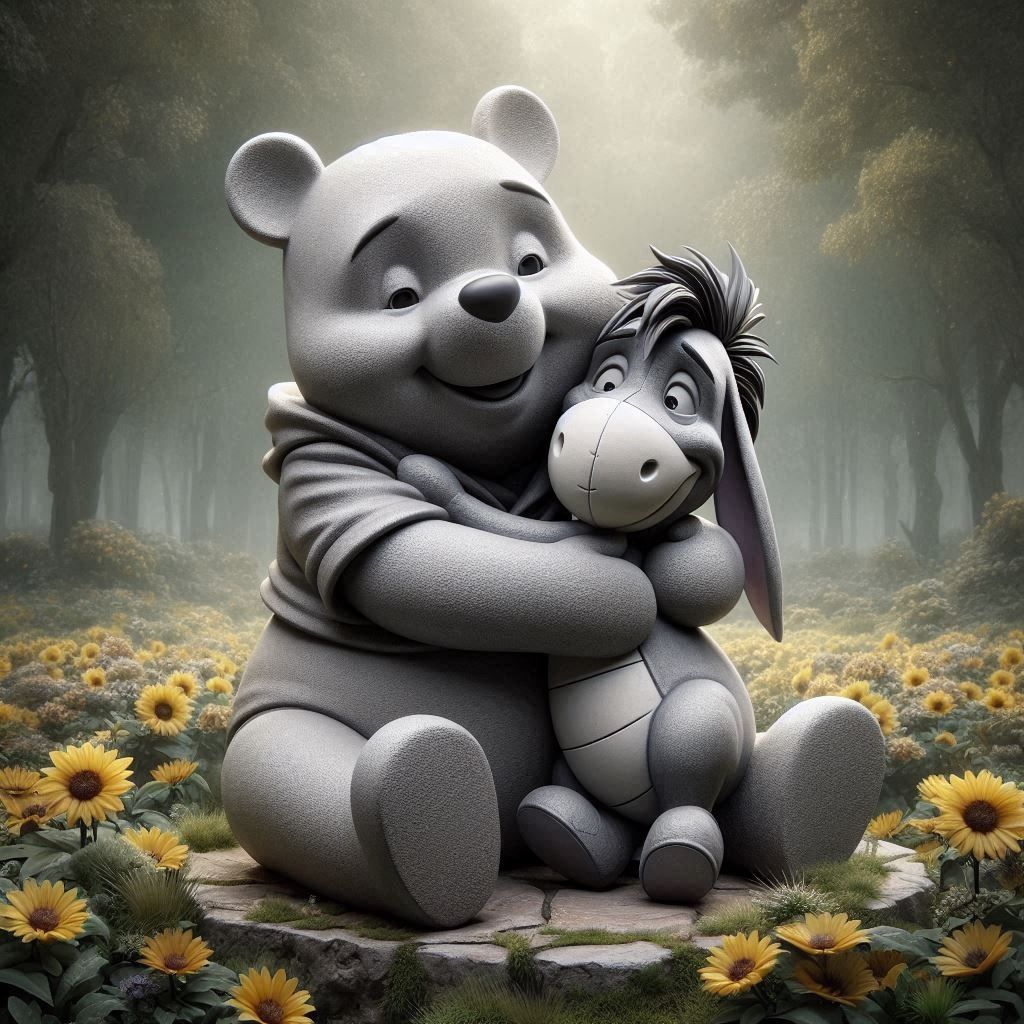 concrete winnie the pooh hugging eeyore statue