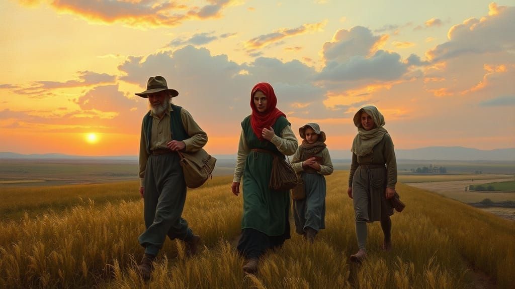 Peasant Family Returns Home in Soft Russian Sunset