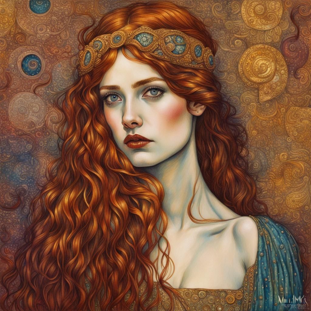 Klimt painting of a beautiful girl with long auburn hair looking at us