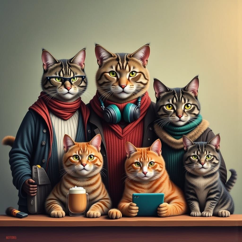 Multi-Generational Cat Family in Anthropomorphic Style