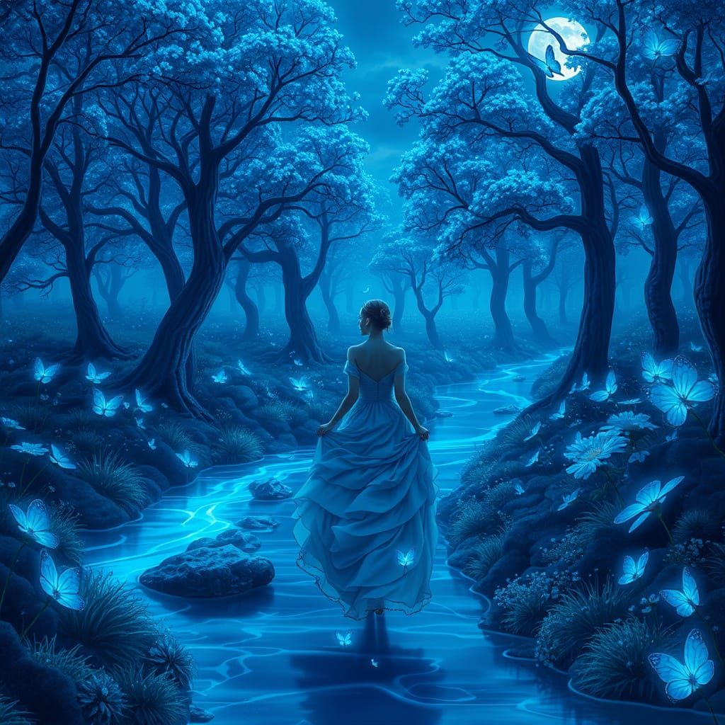 A surreal dreamlike garden that exists only in shades of blue—midnight blue skies, cobalt trees with ...  by @mmalachias