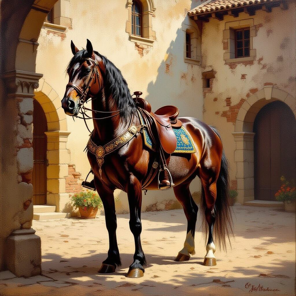 Majestic Warhorse Oil Painting in Medieval Courtyard