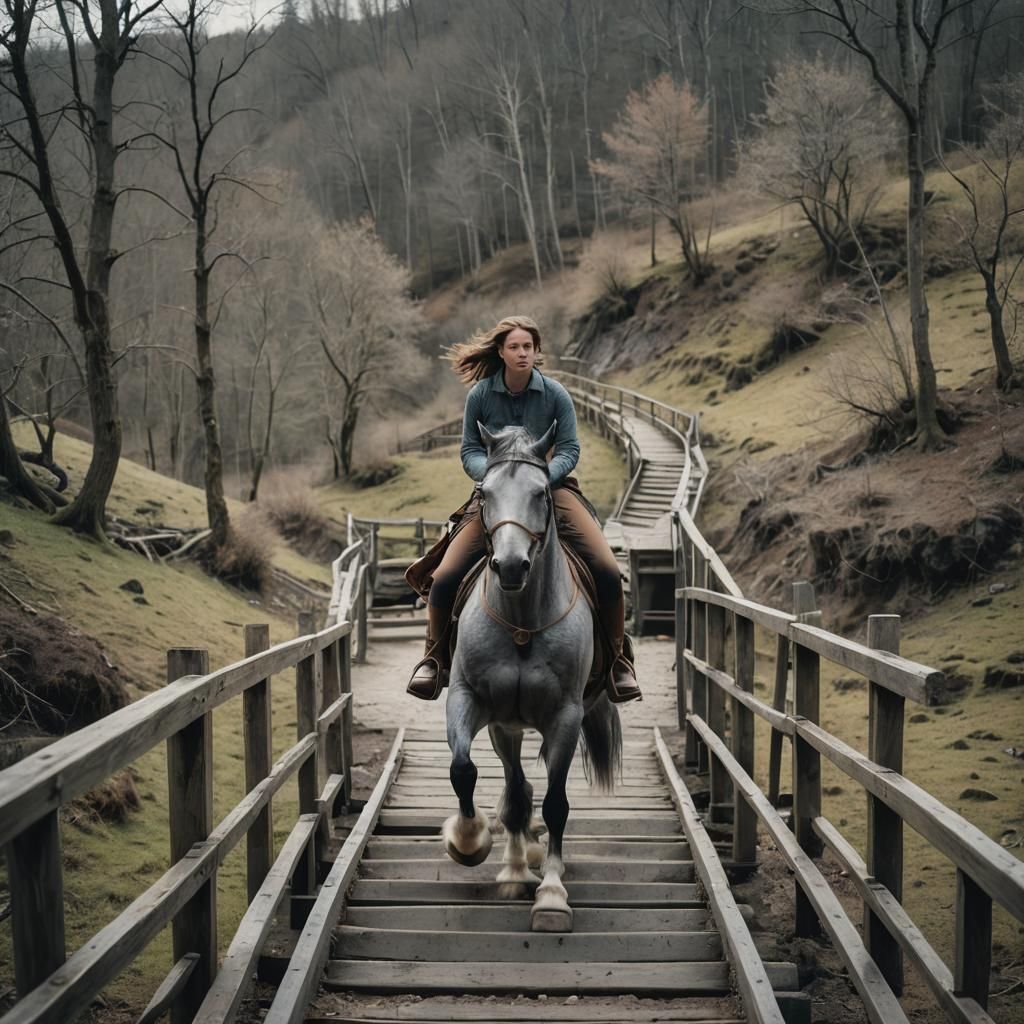 A short young woman is riding a gray stallion up a rickety r...