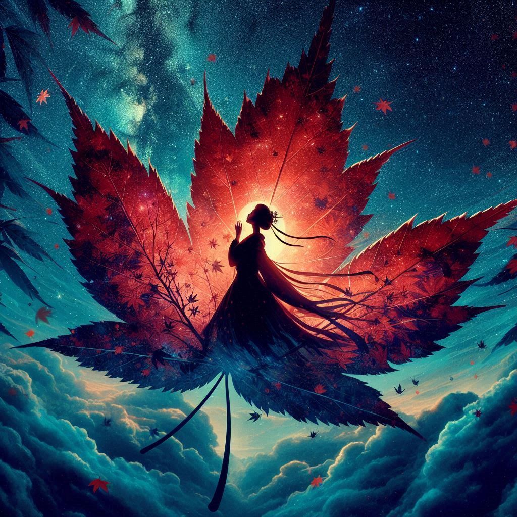 Double exposure Geisha and maple leafs