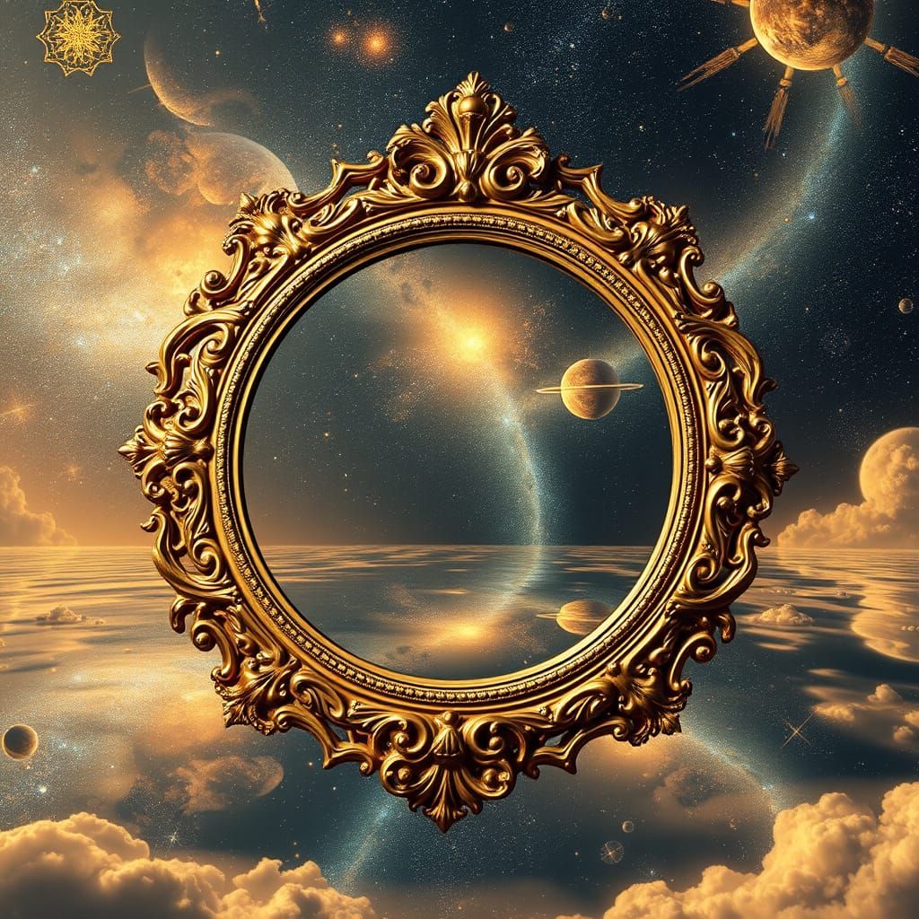 an exquisitely detailed ornate golden antique mirror is drifting in the infinite splendor of celestial infinity reflecting itself back into ...