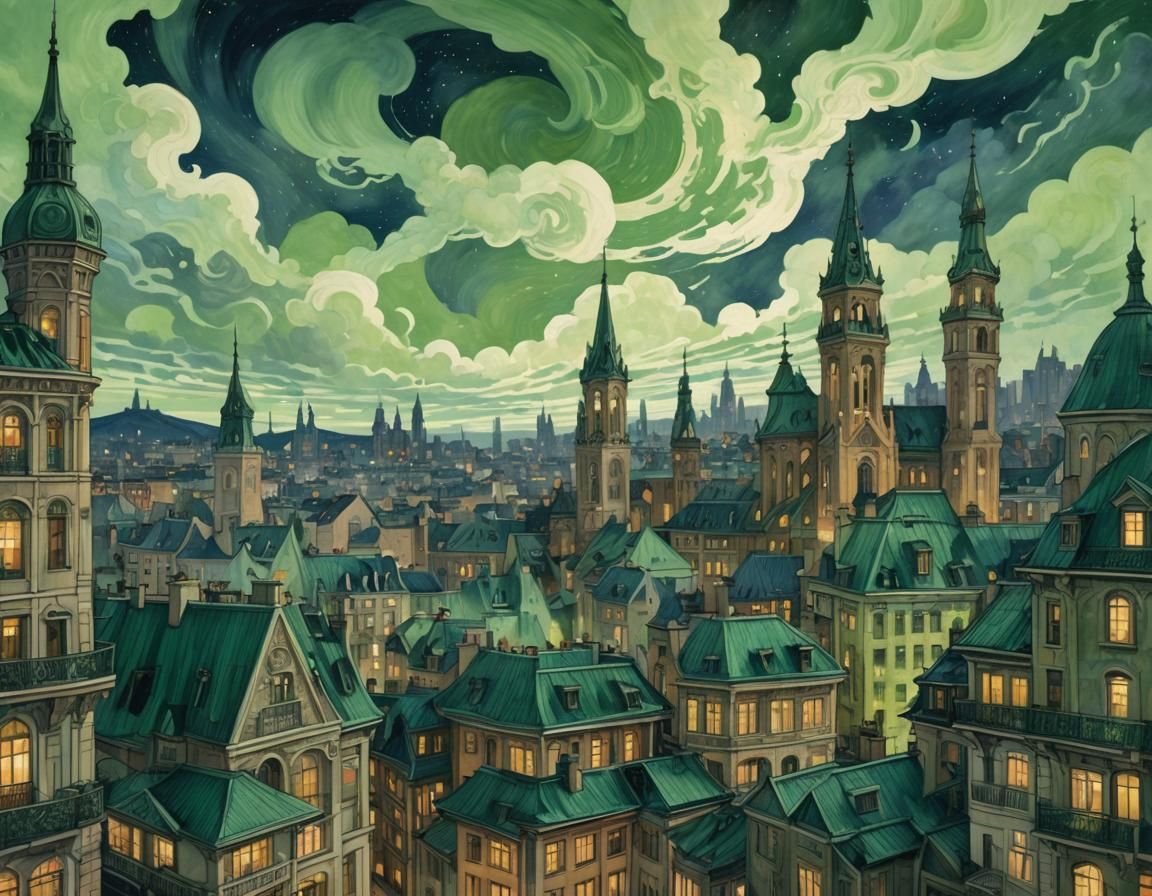 Green light city, hurricane sky, From Outside, Art Nouveau style