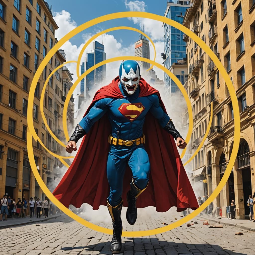man, mask, cape, circle, building, yellow, blue, red, white,...
