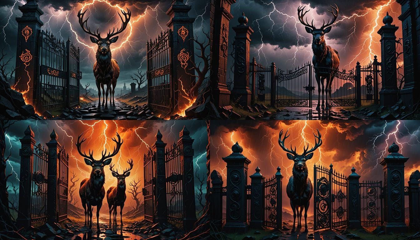 An underworld deer guards the gates to hell. Terrifying occult symbols. Thunderstorm clouds. Tormented souls. Vivid bold...