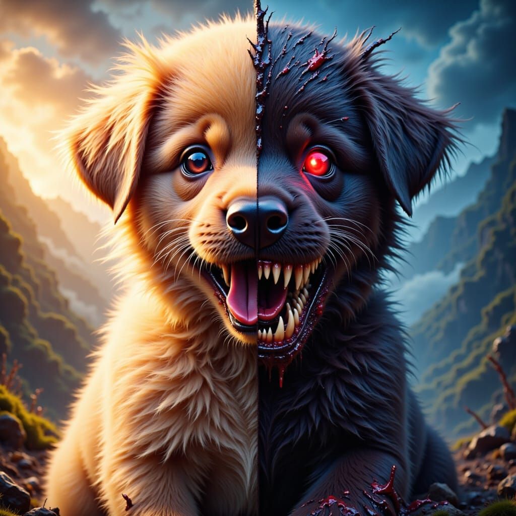Pop Art style cutest fluffy Puppy in to its ultimate nightmare form. The image should show a transition from an adorable, Puppy with big, in...