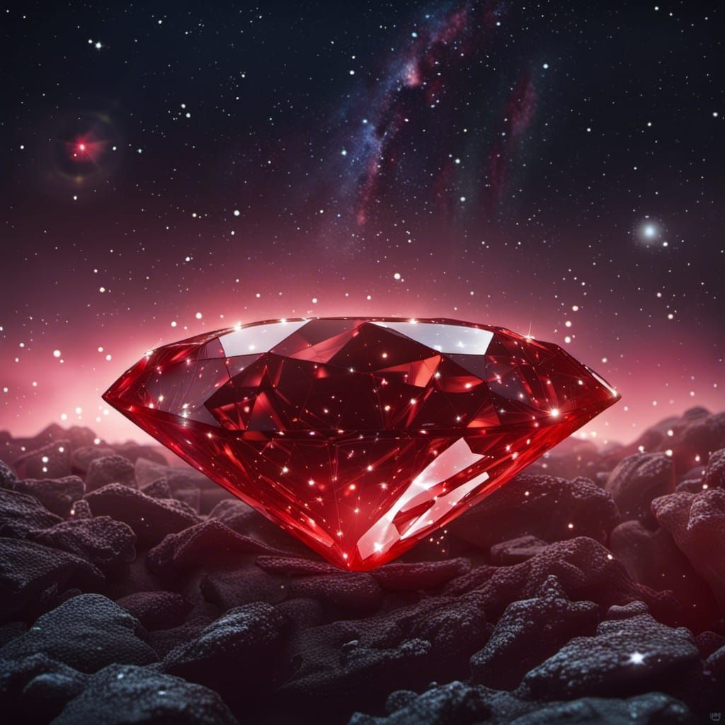 bright red diamond, on a dark background full of stars and w...