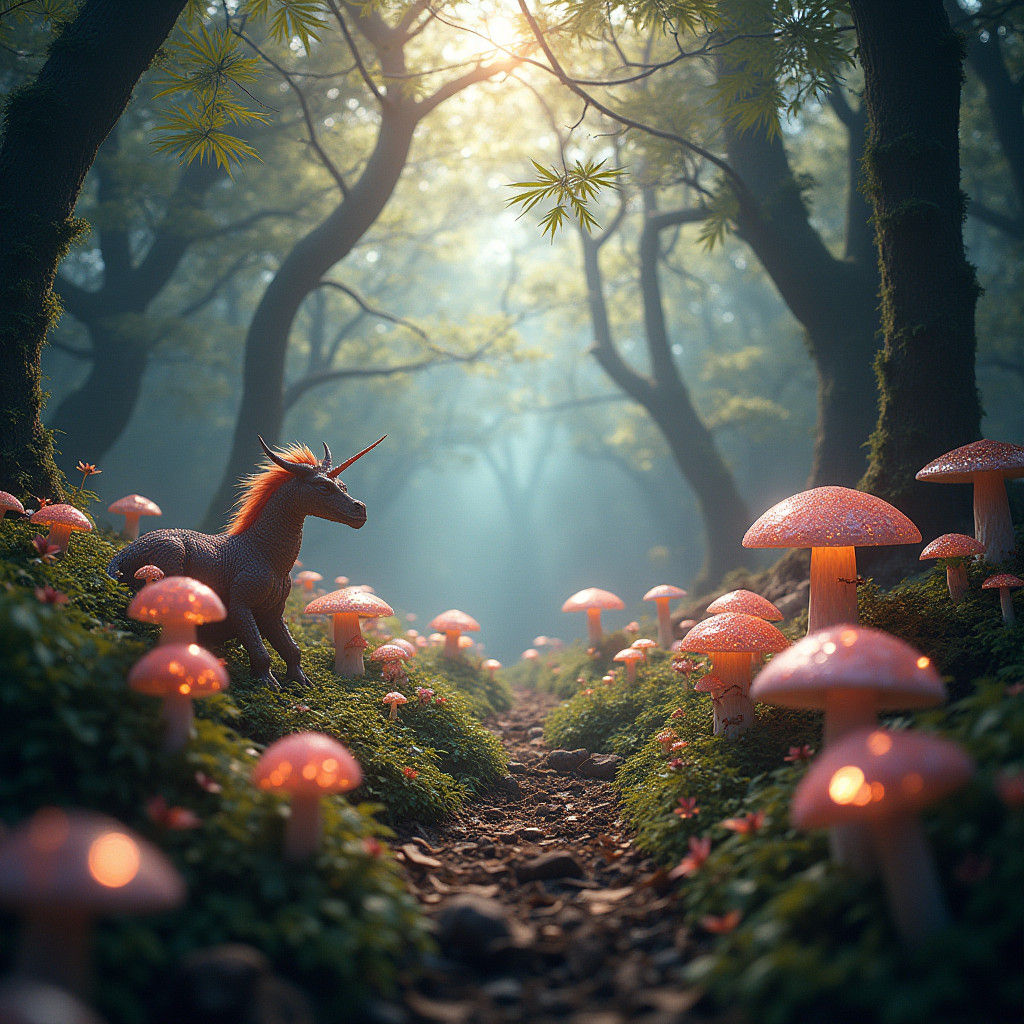 360 aerial, epic,fantasy, 3d animation , 20 seconds long, enchanted mythical magic rainbow crystalline mushroom village ...