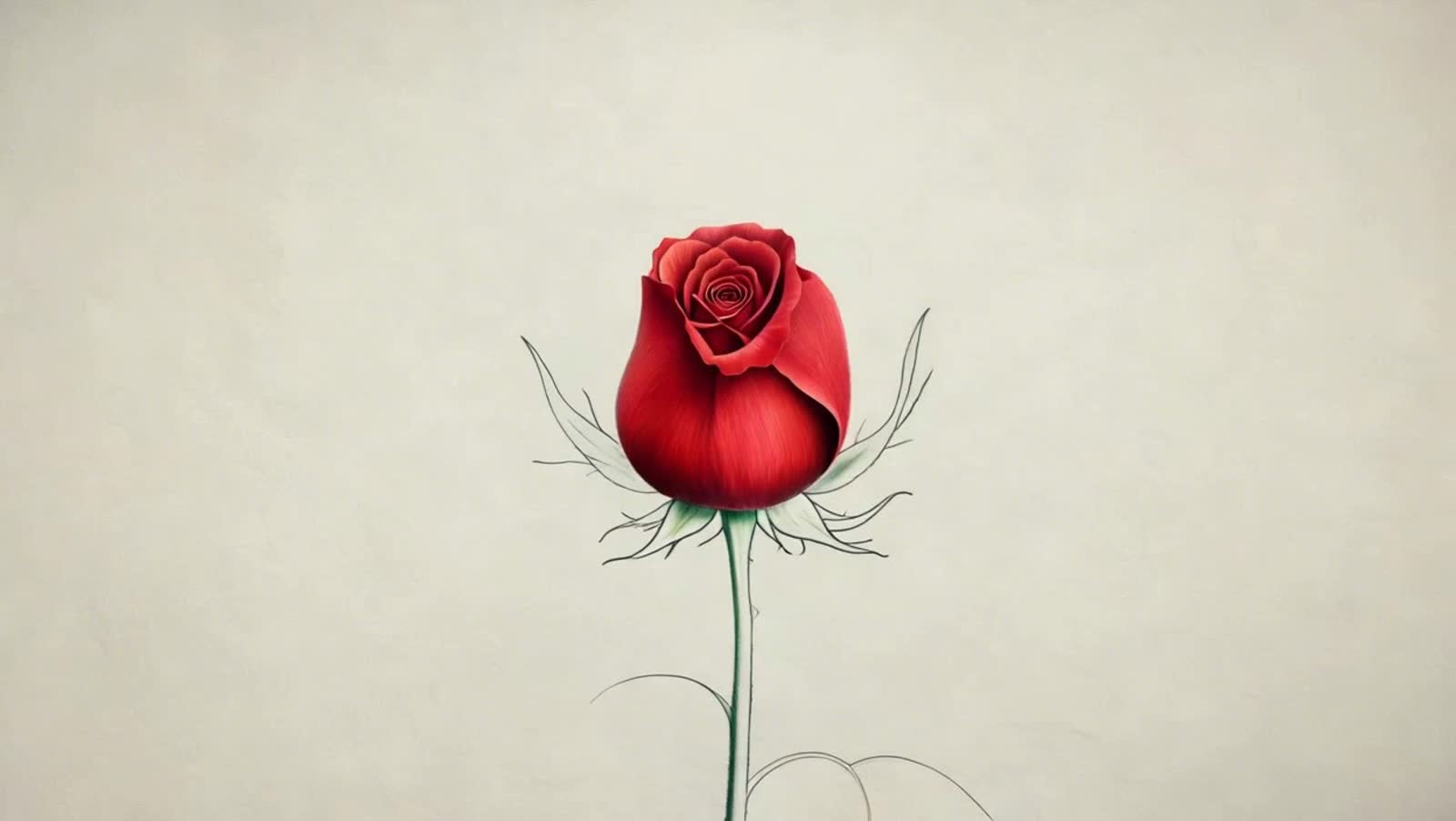 Please show me a simple colored pencil drawing on a sketch pad of a single rose blossoming into the vibrant intricacy of...