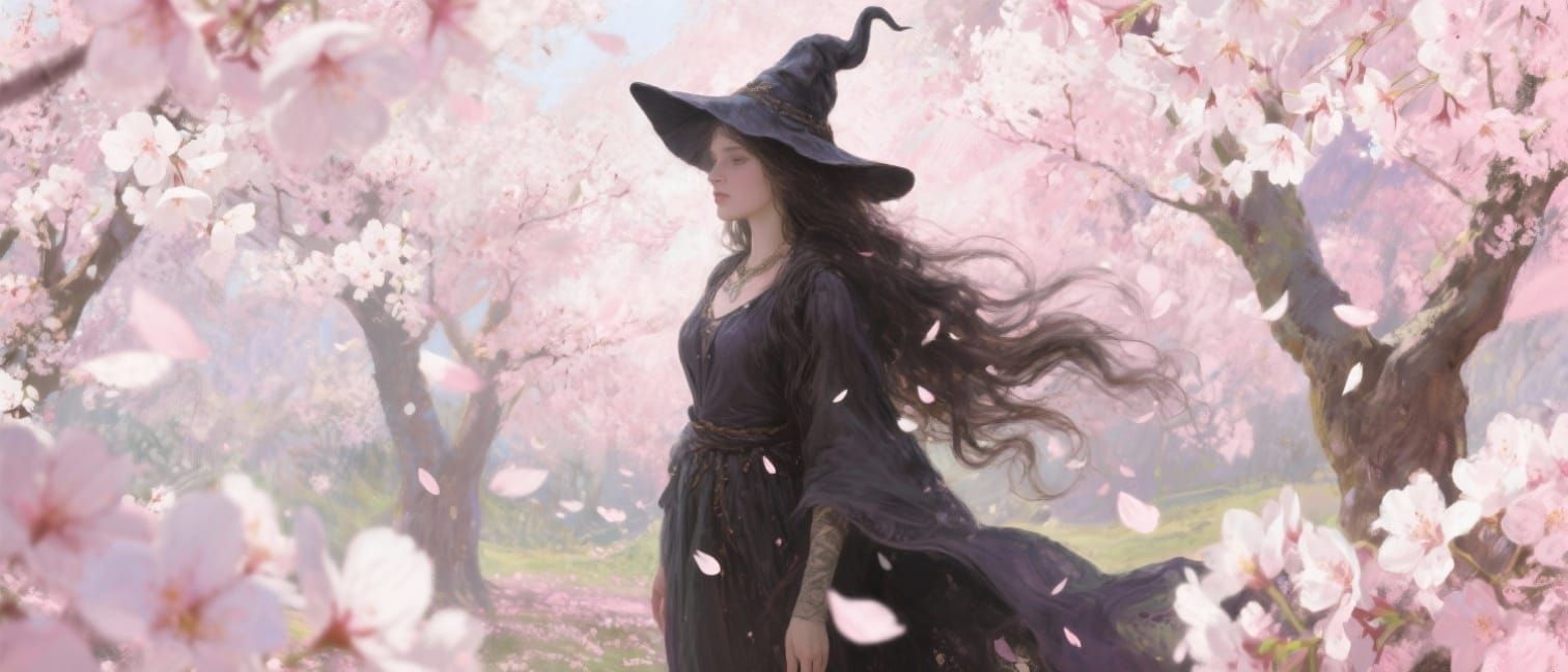  A mystical witch stands amidst a grove of cherry blossoms, a gentle breeze blowing her hair, petals swirling around her. Medium shot. Soft ...