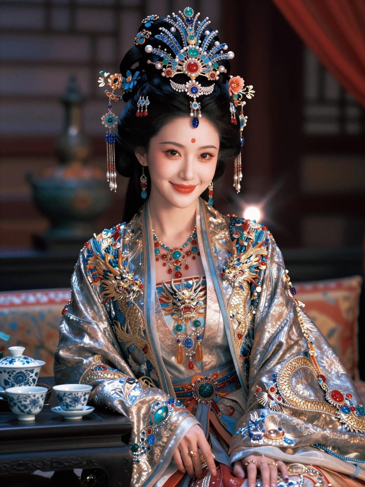 Night lantern light extreme closeup Portrait of Chinese goddess with big hair wearing elaborate imperial dragon robe 
sh...