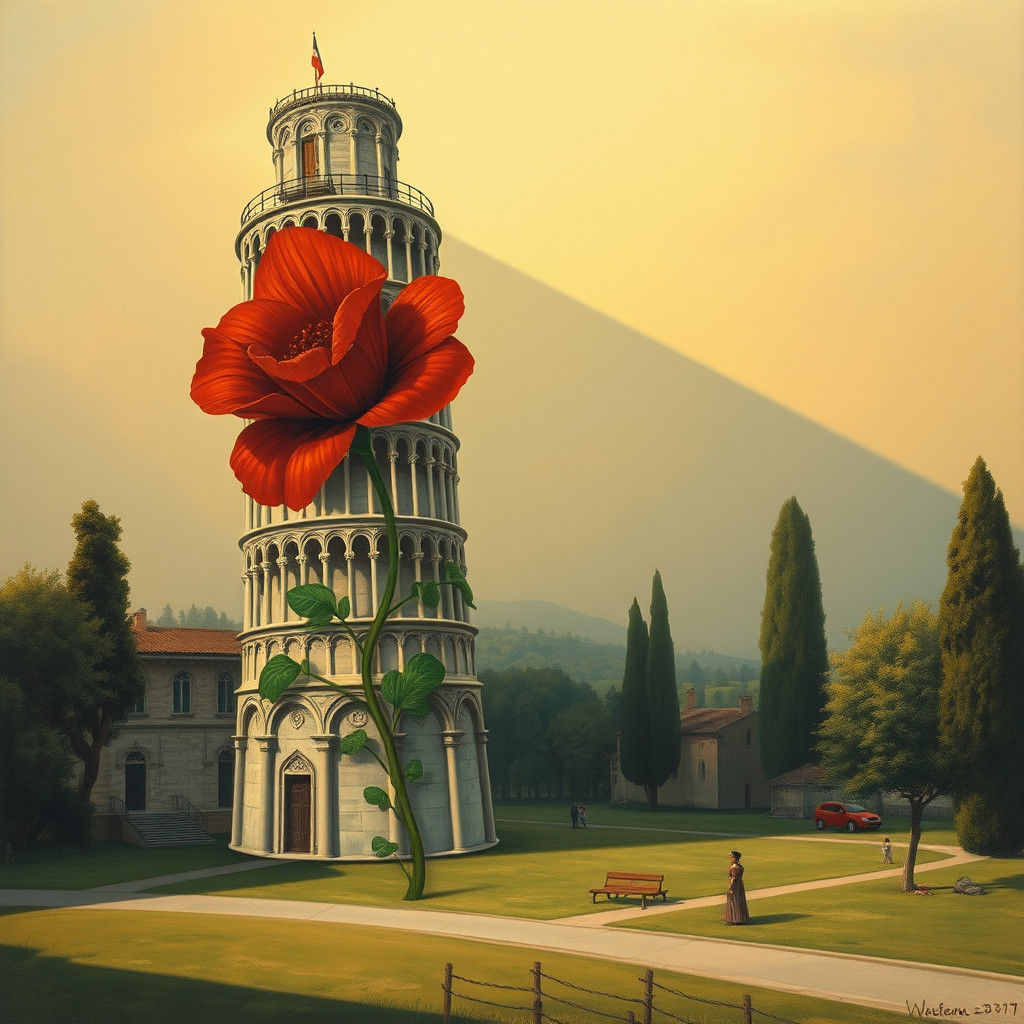 Tower of Pisa with Colossal Flower, Botanical Illustration