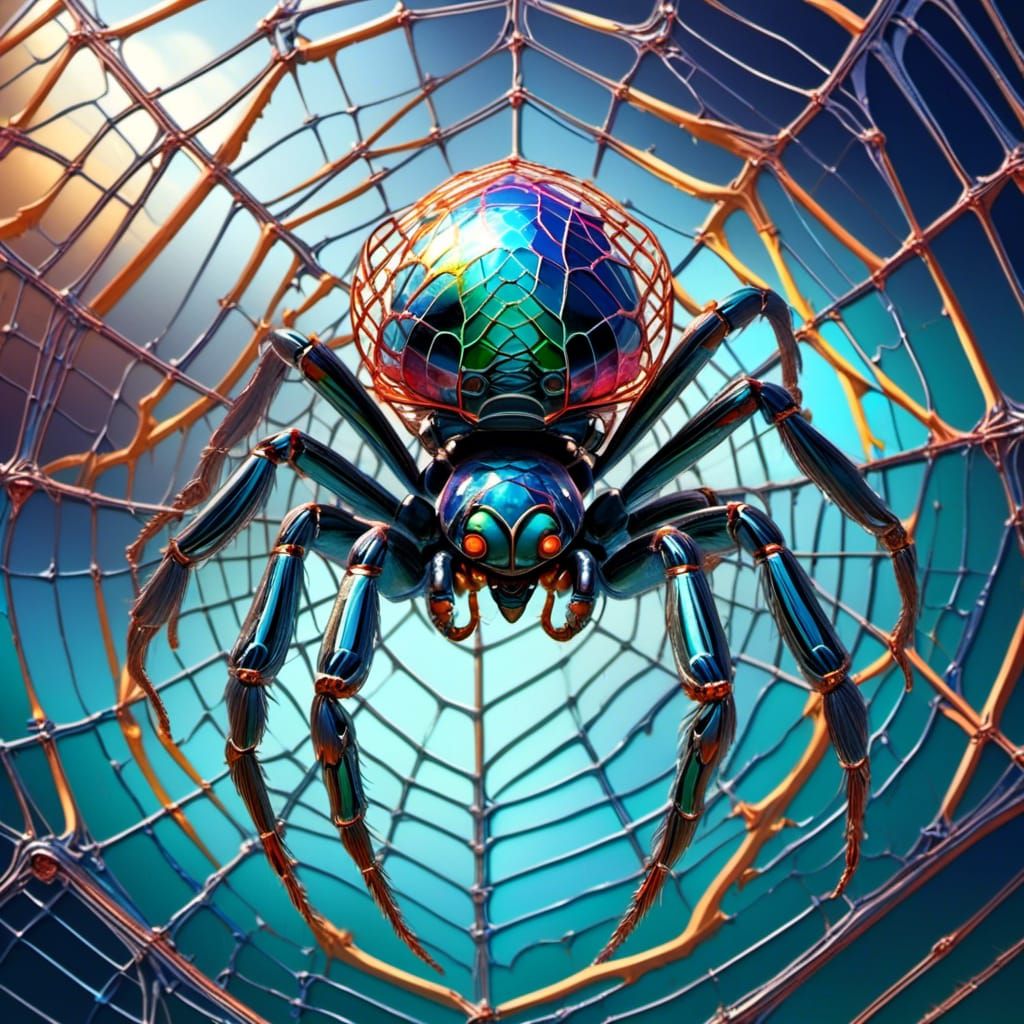 large chrome spider intricately woven into a shimmering web, in the style of hyper-realism with reflective surfaces, poised menacingly, dram...