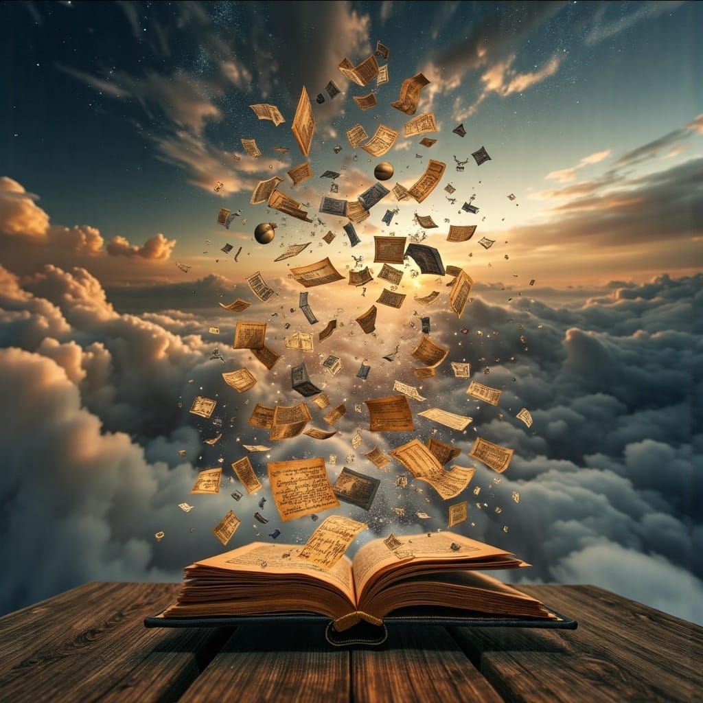 <lora:Surreal DE:1.0>Double exposure photography of a Levitating Book and a Swirling Galaxy, Double exposure surrealistic photography by Al...