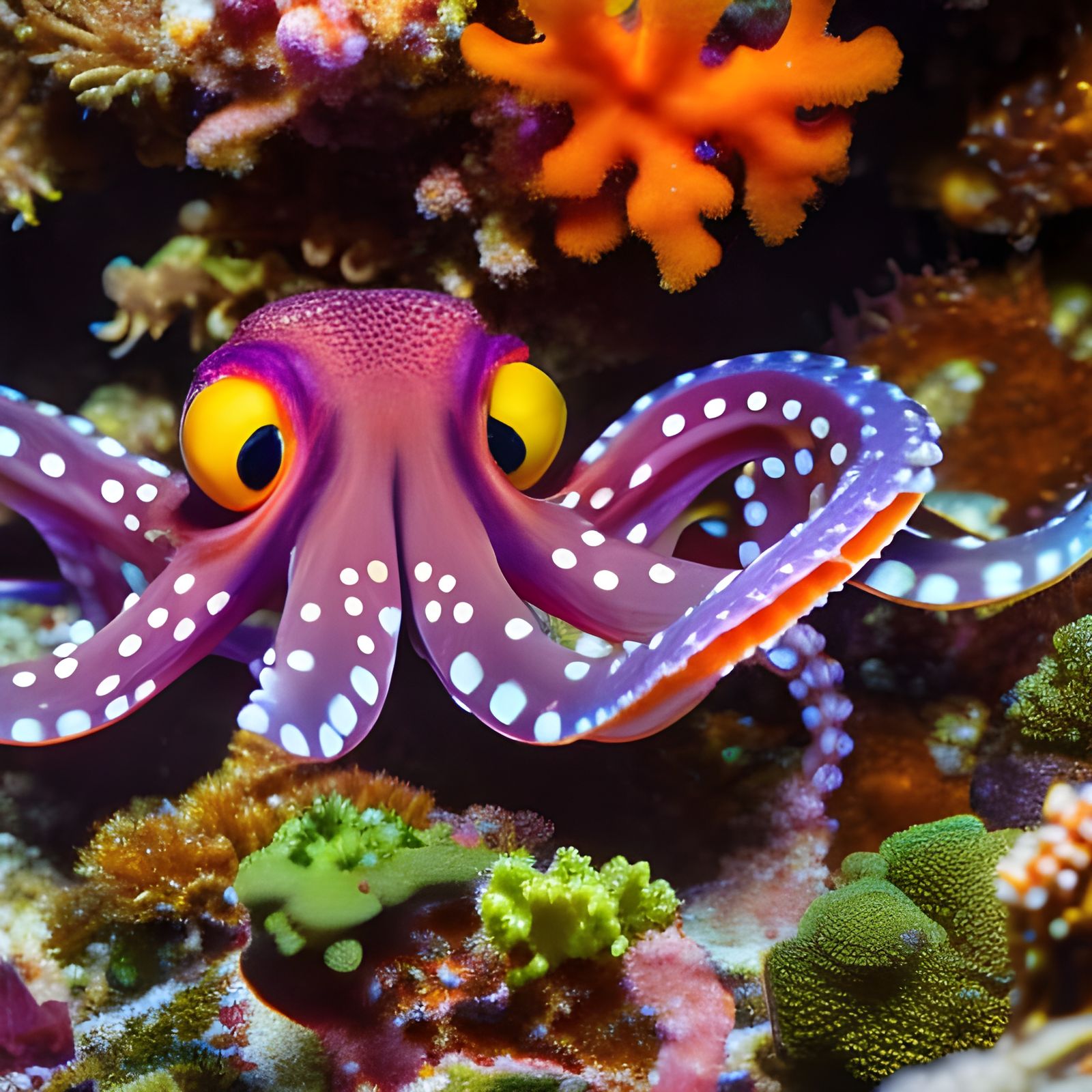 Small octopus with one big eye. Hyper realistic 8k resolution intense depth of field. Coral and small ...  by @sammie