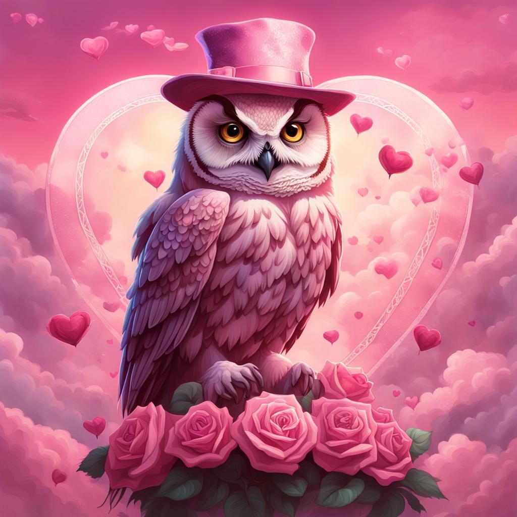 A pink lovely female Owl wearing a pink fedora hat with a ro...