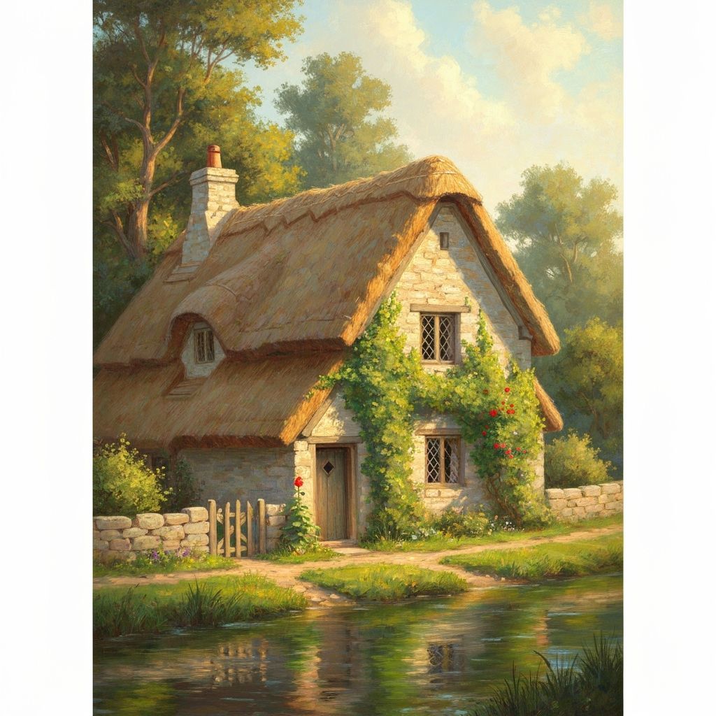 Idyllic Cottage by River in Impressionist Style