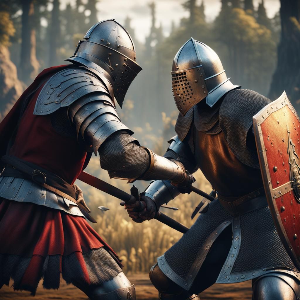 A medieval duel between two knights in full armor