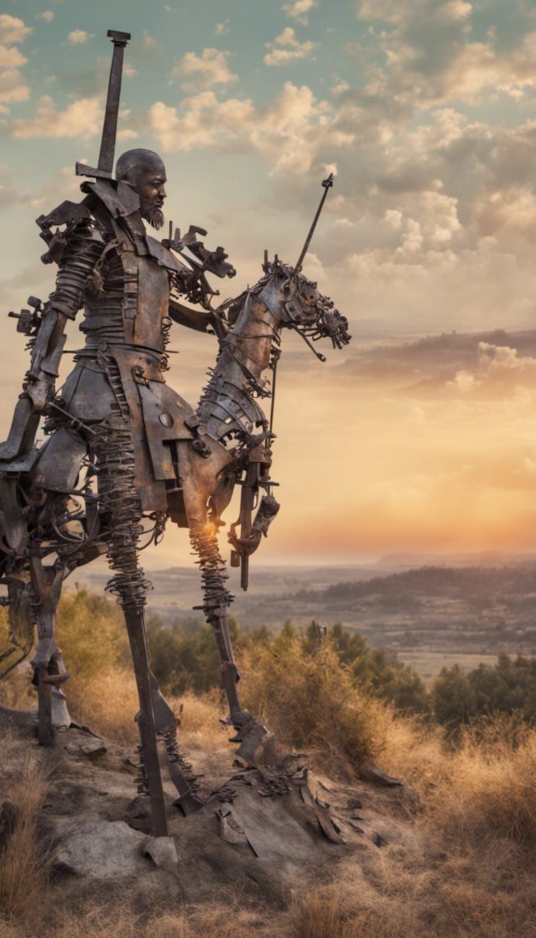 background of windmills, setting sun in the valley, a statue...