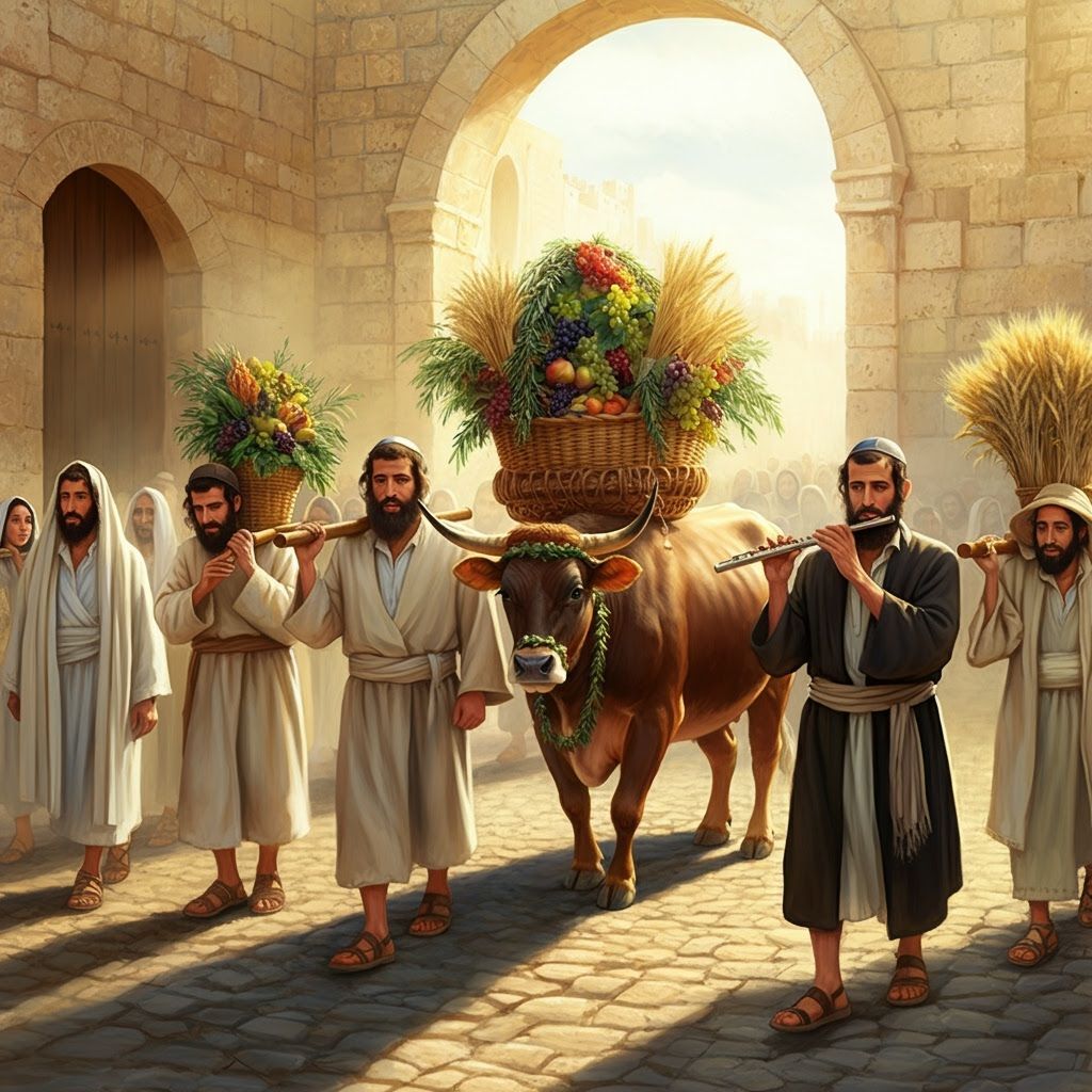 Procession to Jerusalem with First Fruits in Golden Light