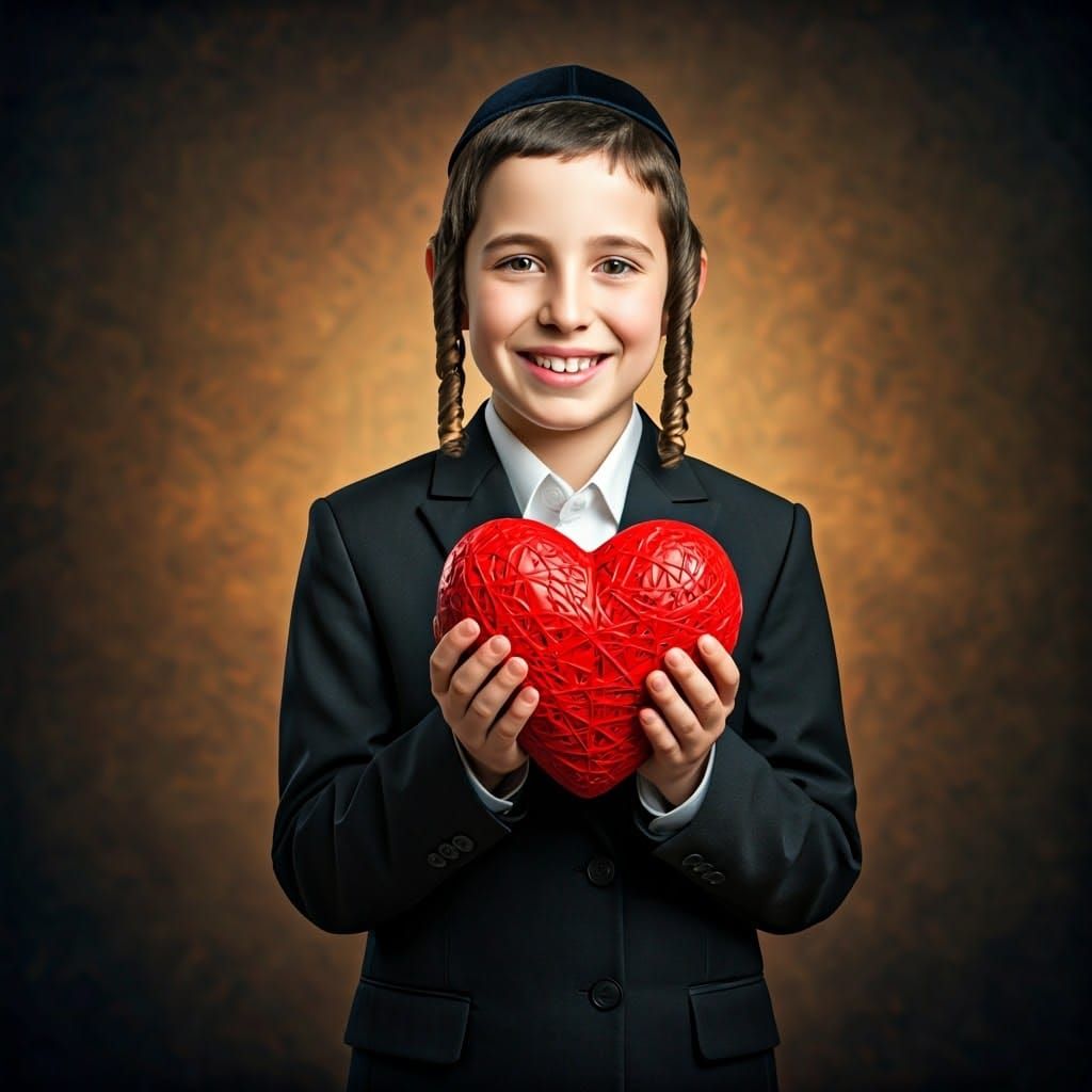 Smiling Orthodox Jewish Boy Presents Vibrant Red Heart in Tr...
