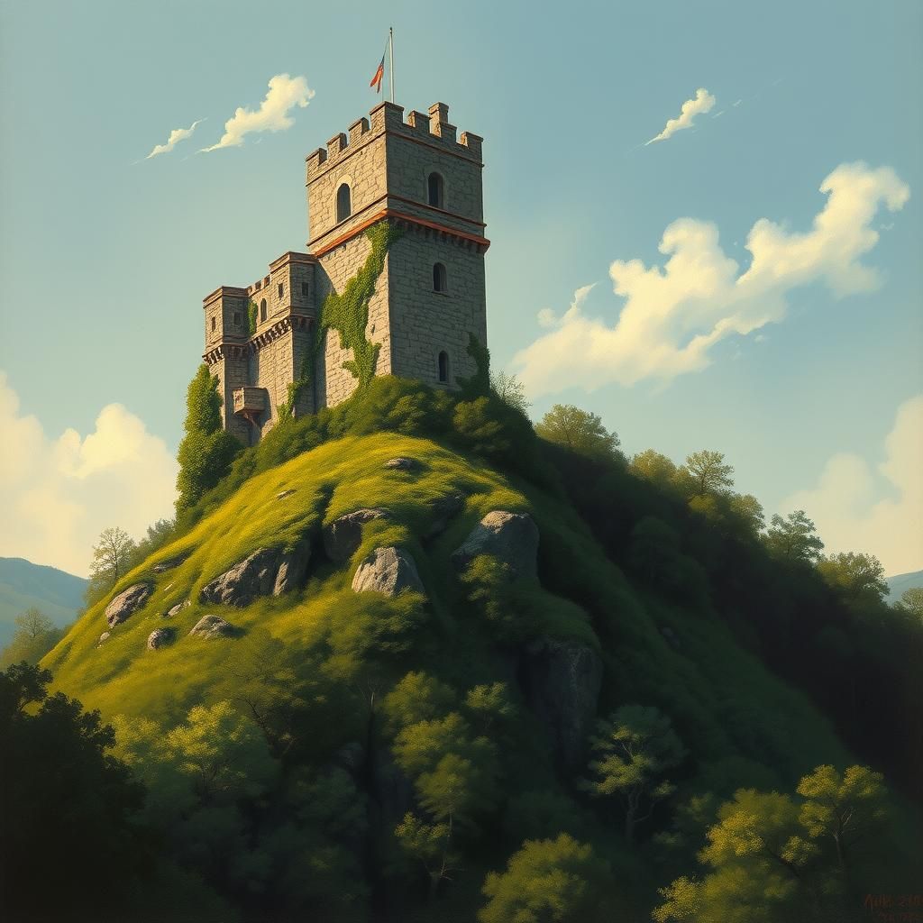 A stone tower on a forested hill, medieval, beautiful painting 