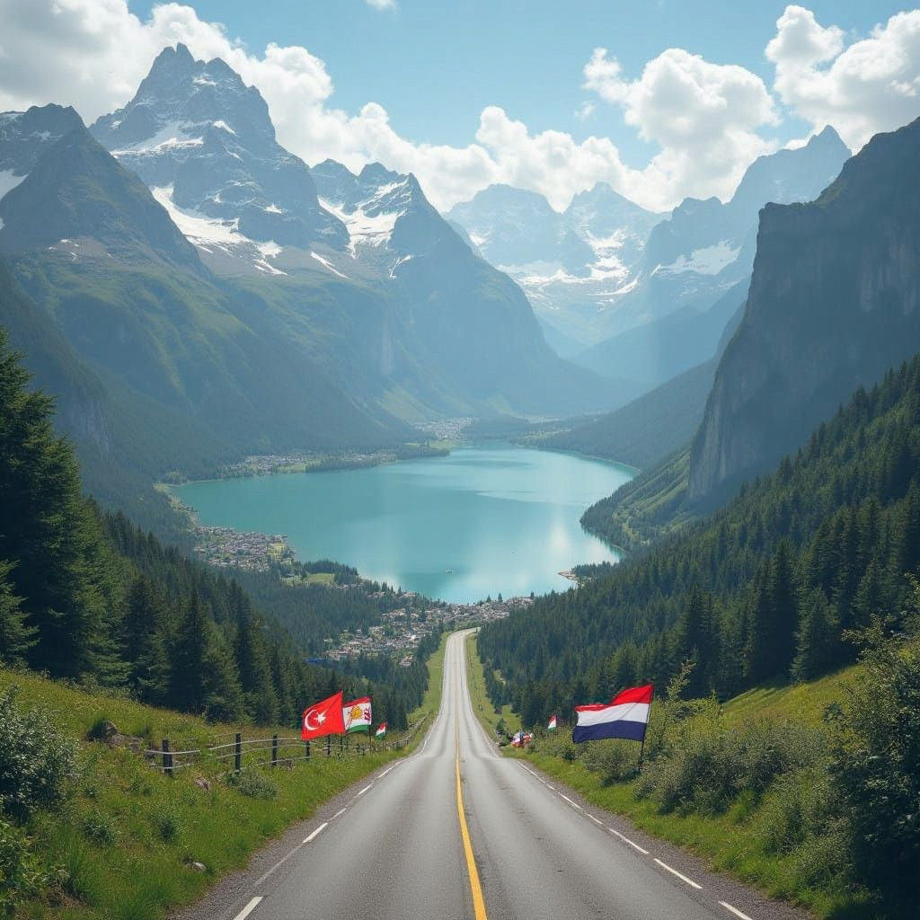 natural landscape centered on a grandiose empty asphalt road that winds through a stunning mountain landscape and swiss lake seen from a bir...