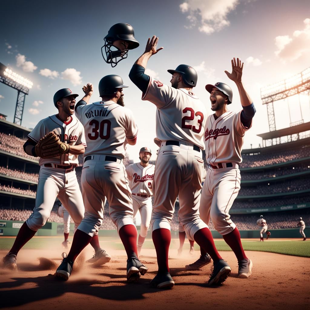 A group of baseball players celebrating in the outfield