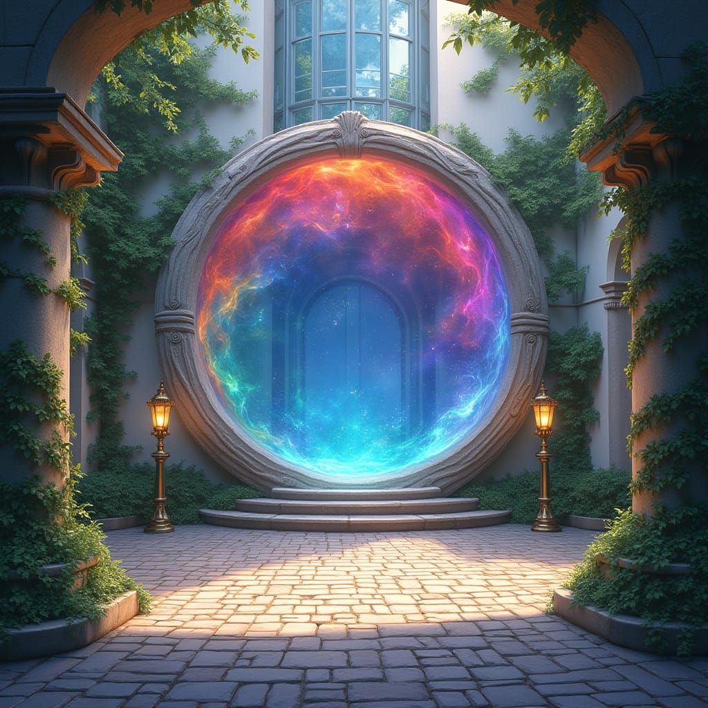 A swirling multicolored portal in a courtyard in front of a shiny white building in a D&D art style  by @undefined