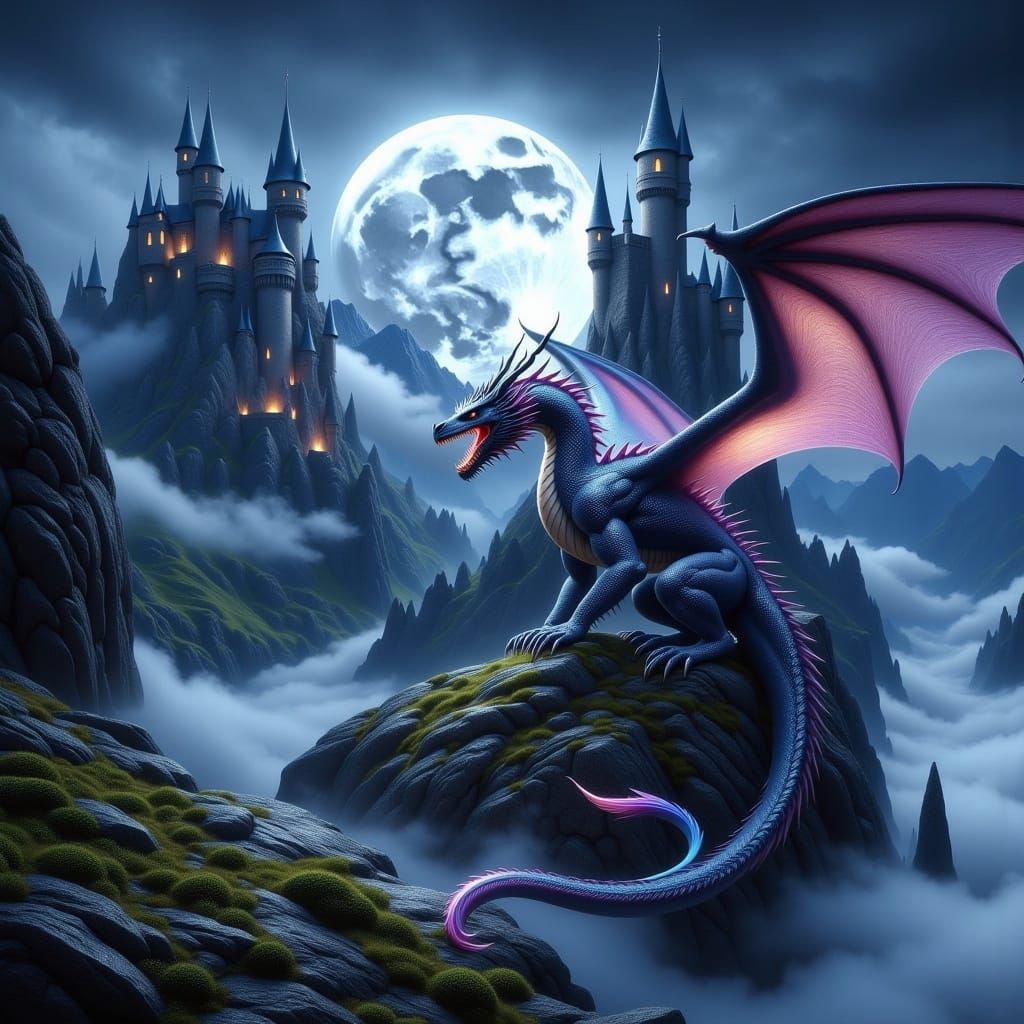 <lora:Winged Creatures:1.0>A huge, majestic Dragon with glowing wings, sitting on a Cliffside beside an ancient weathered haunting Castle. H...