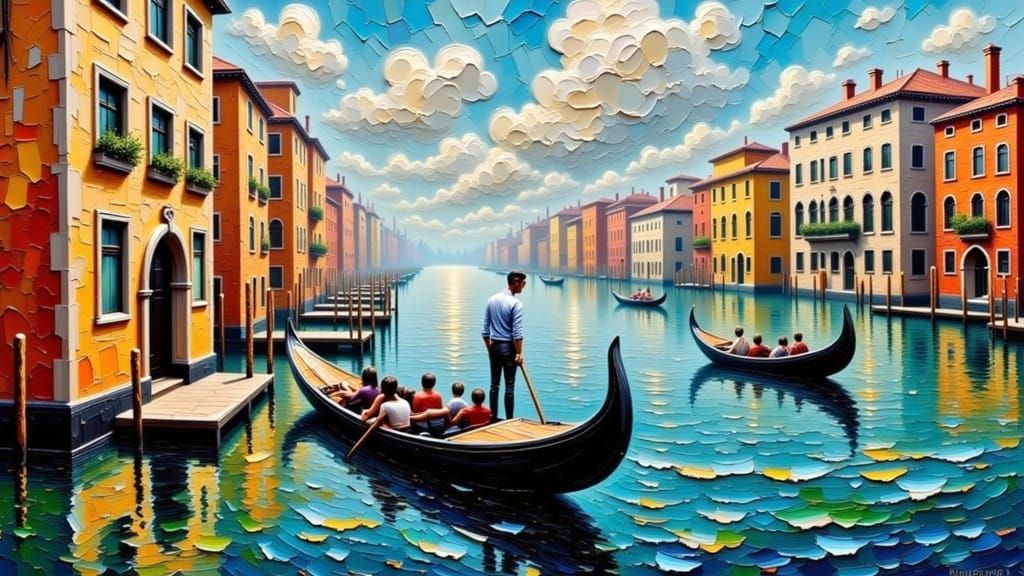 A gondola ride along the Grand Canal in Venice as imagined by Leonid Afremov's palette knife. Master work. Best composition, balance, clarit...