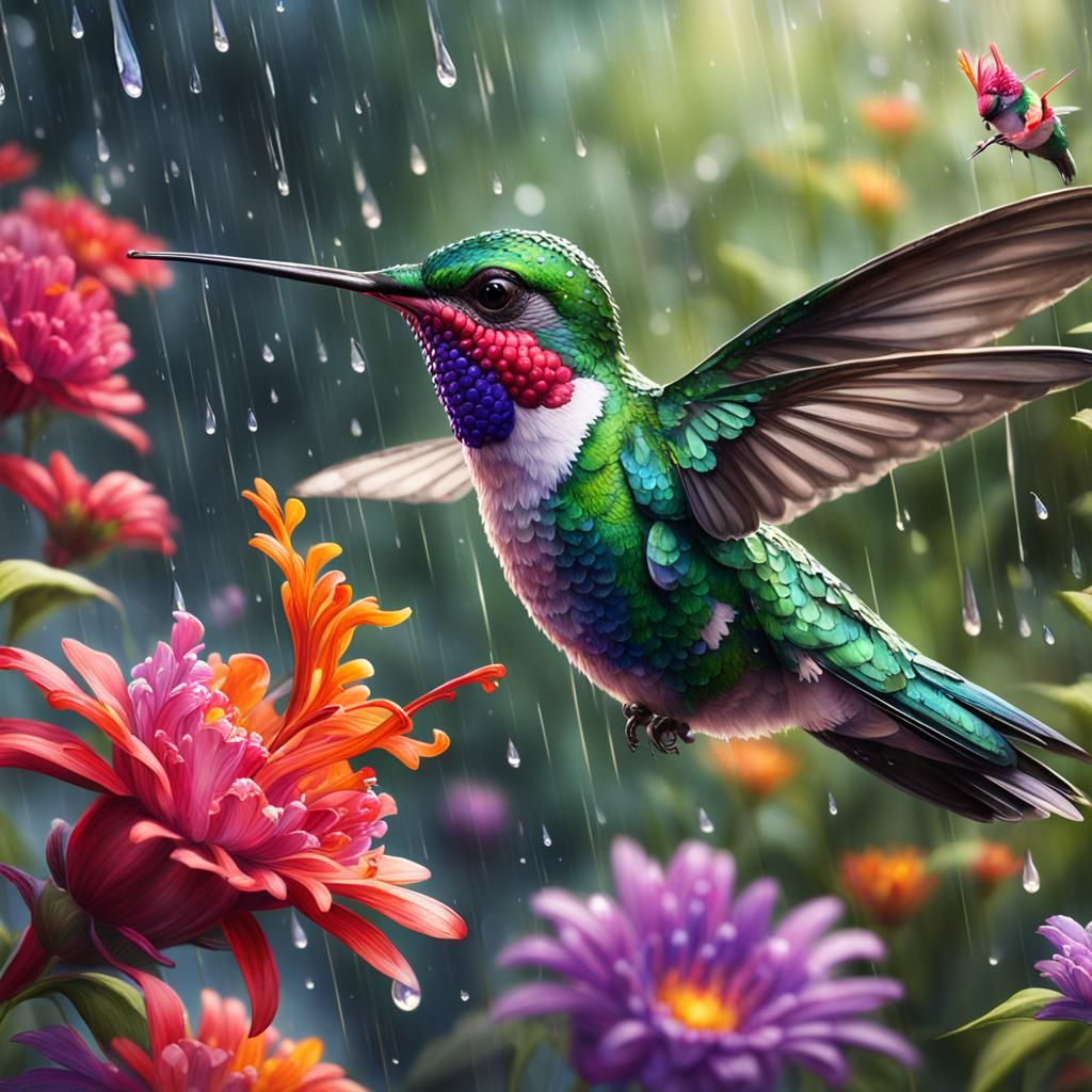 realism, impressionism, watercolor, vibrant flowers, rain, feeding hummingbird  by @Sherrye Barrow