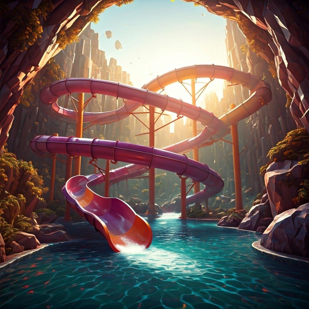 Vibrant Water Park Scene with Iridescent Pools and Twisting...