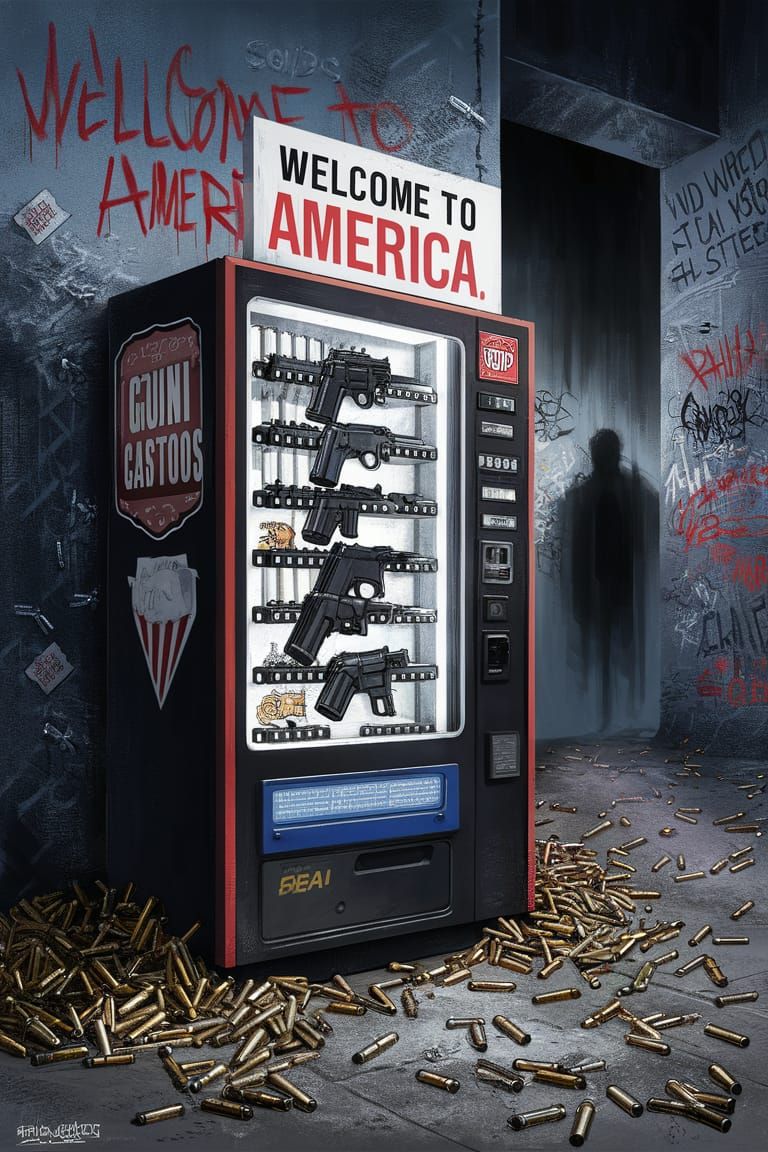 A Vending Machine that Sells Handguns, next to a sign that says, "Welcome to America", realistic, photographic, political cartoon mentality,...