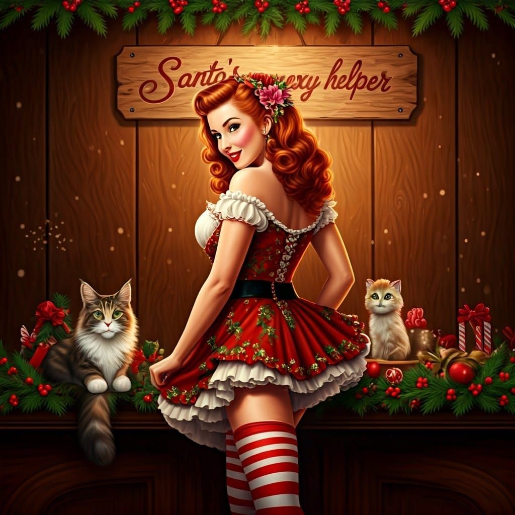 SUBJECT(1.0): "A playful and confident woman in a vintage pin-up leg-up pose, wearing a very short, skirted elf dress in festive red and gre...