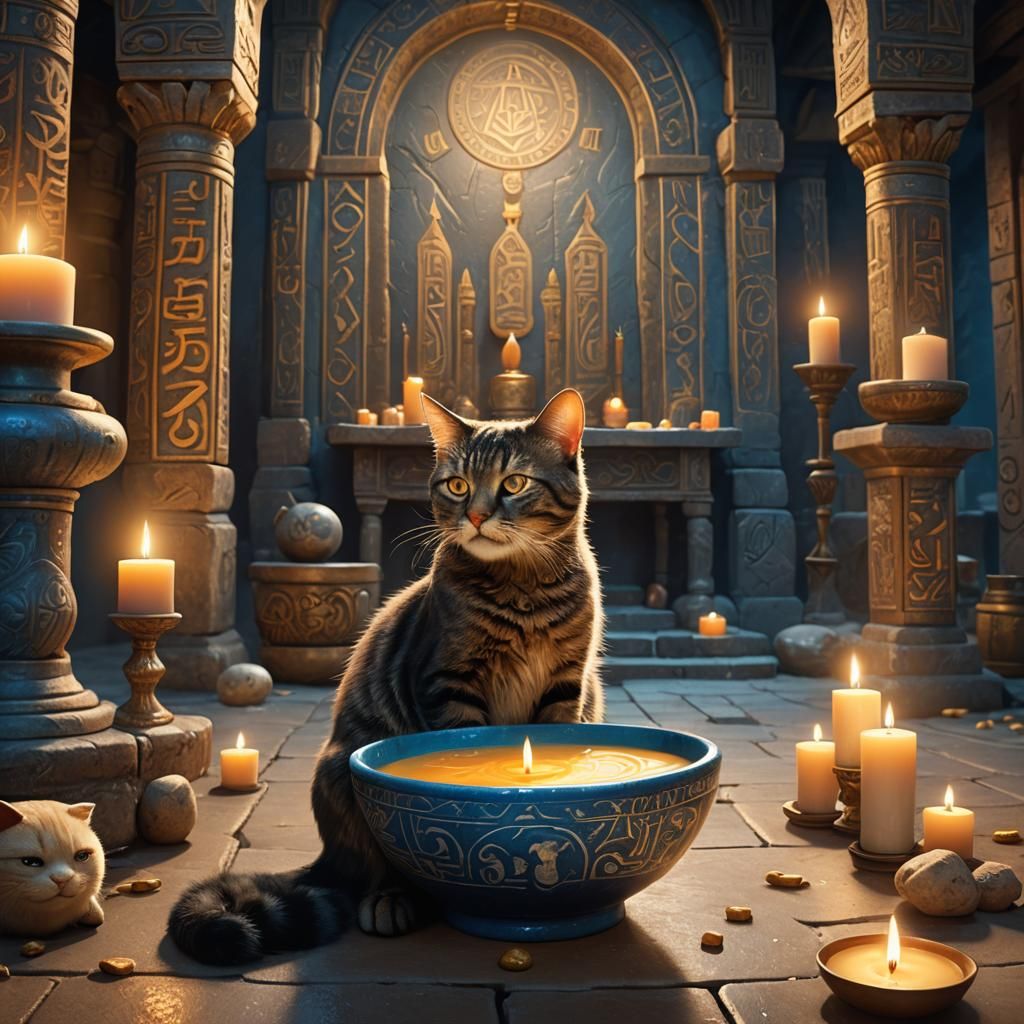 Mystical Cat in Ancient Temple with Glowing Runes