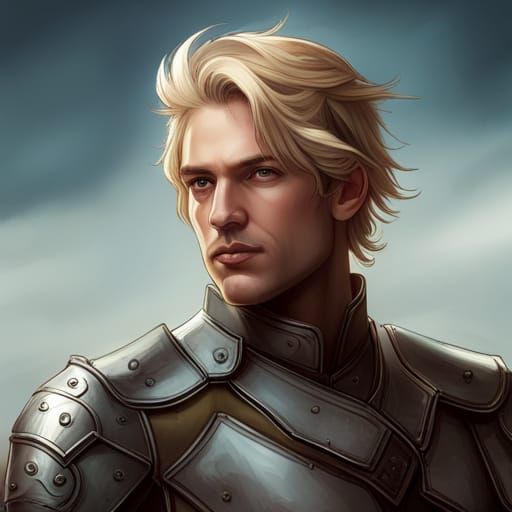 Young blond squire with short hair and no beard wearing leather armor ...
