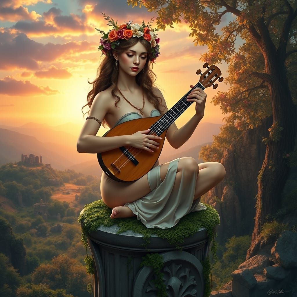  faun, sitting on top of an pillar in lotus, playing a lute, 