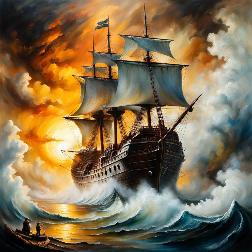 Ancient Warship Painted in Rembrandt Style