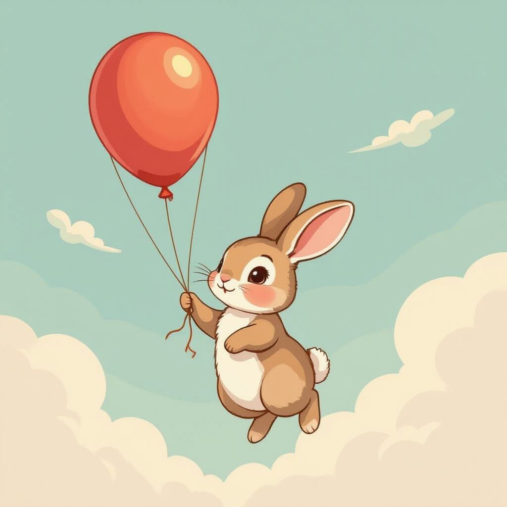 שפן חמוד מחזיק בחוט של בלון גז ועף לשמים 